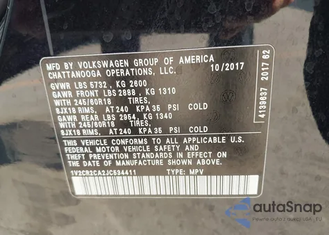 2018 Volkswagen Atlas 3.6L V6 Se z USA, uszkodzony, nr VIN 1V2CR2CA2JC534411